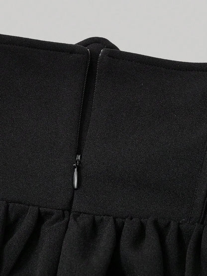 Solid High Waist Fish Bone Strips Pearls Beaded Black Skirt