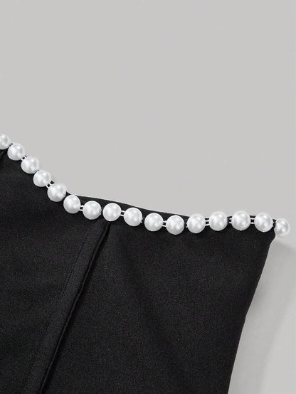 Solid High Waist Fish Bone Strips Pearls Beaded Black Skirt