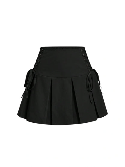 Solid Lace Up Pleated Hem Pleated Skirt