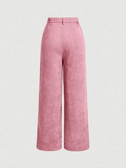 Solid Patch Pocket Corduroy Wide Leg Pink Spring Pants
