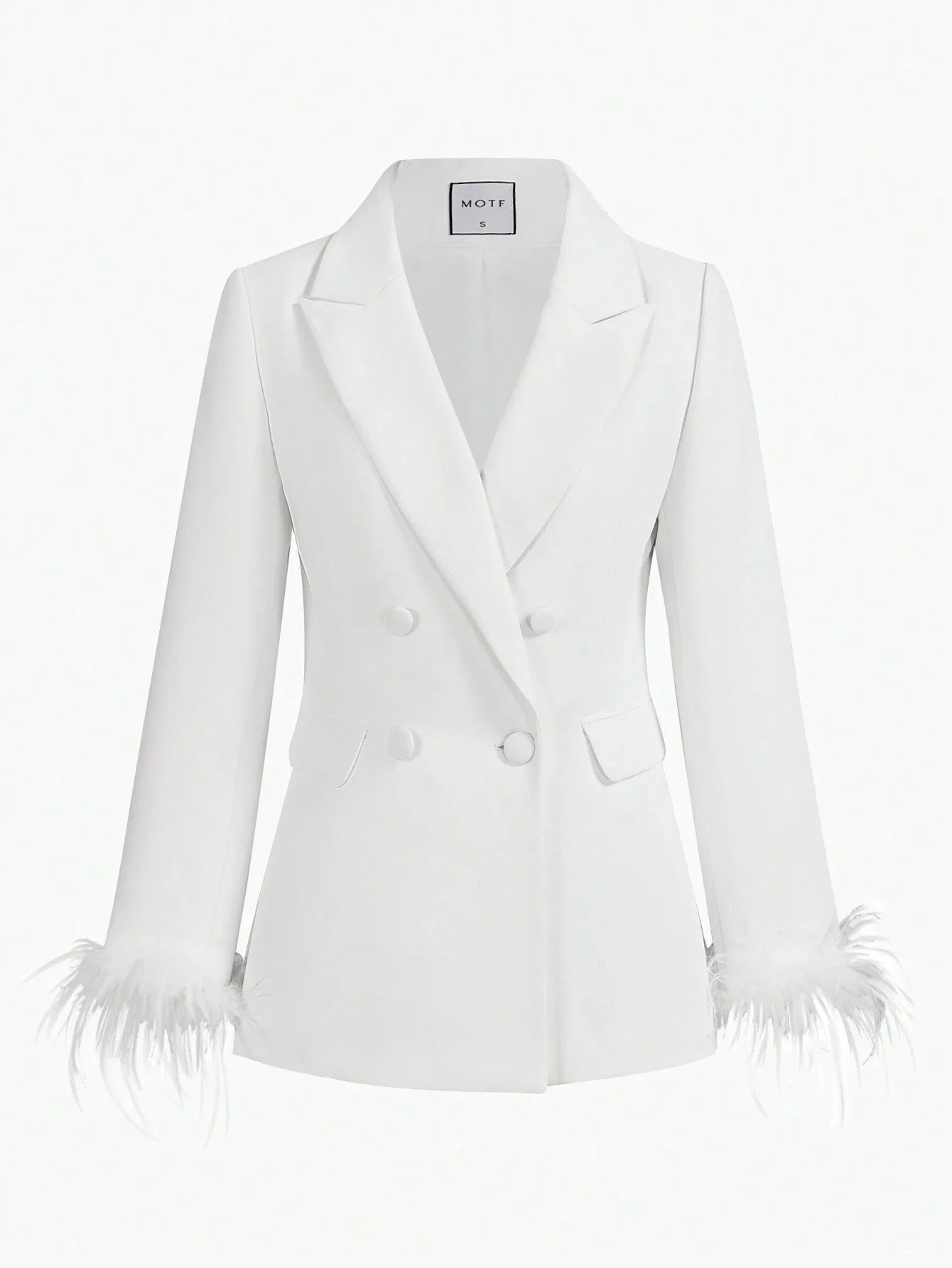 SOLID PEAK COLLAR CONTRAST FUZZY CUFF DOUBLE BREASTED PLACKET BLAZER