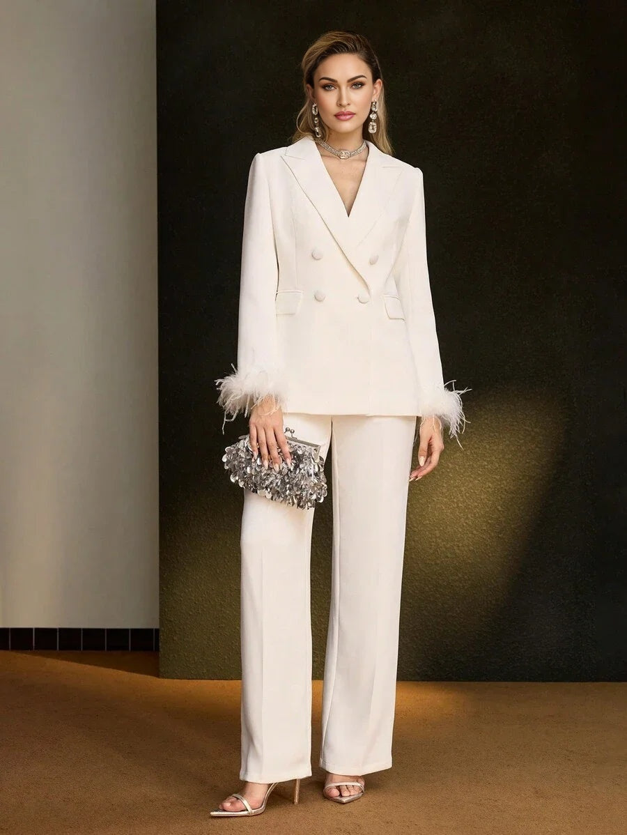 SOLID PEAK COLLAR CONTRAST FUZZY CUFF DOUBLE BREASTED PLACKET BLAZER