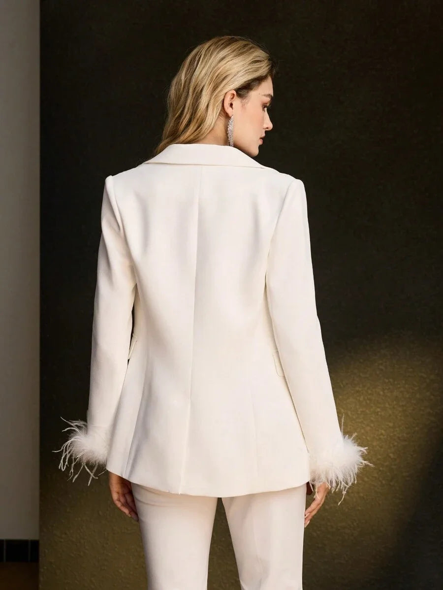 SOLID PEAK COLLAR CONTRAST FUZZY CUFF DOUBLE BREASTED PLACKET BLAZER