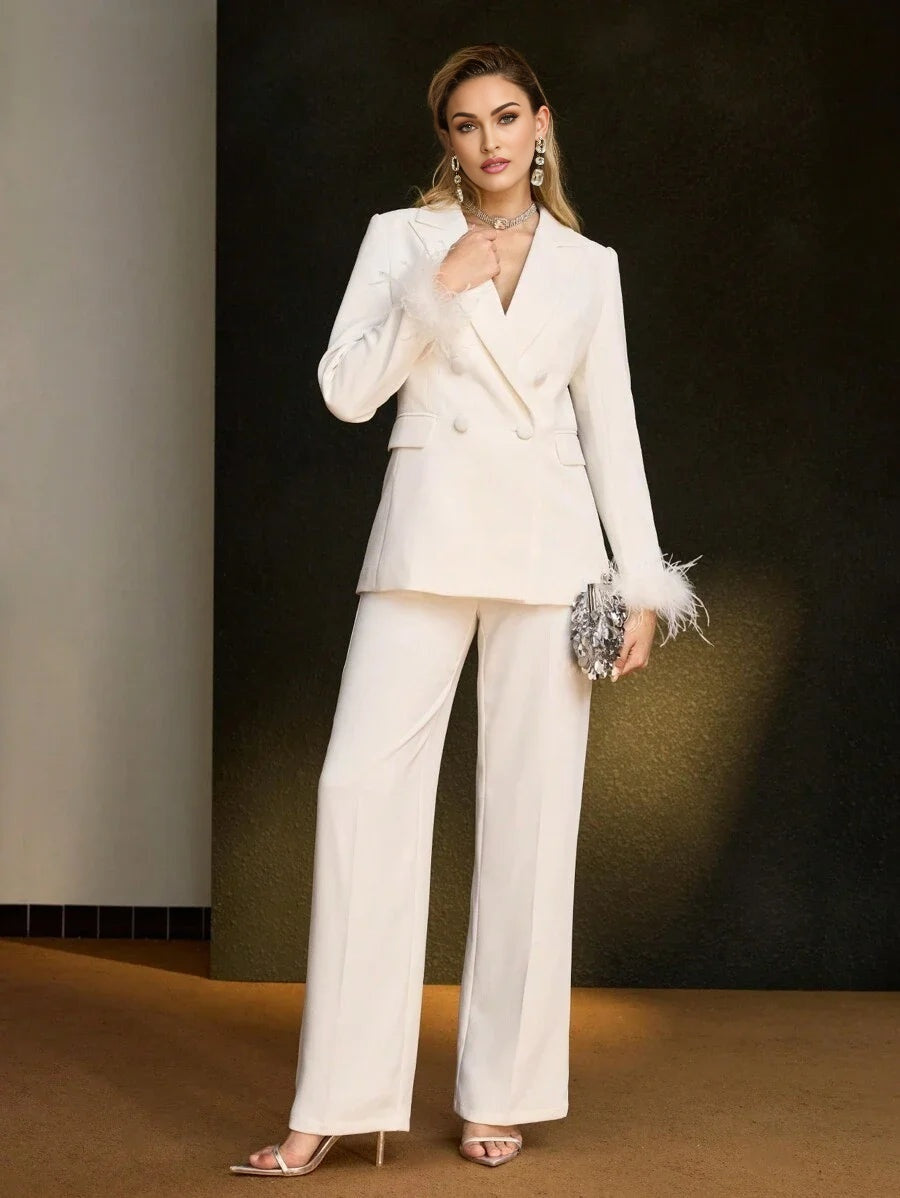 SOLID PEAK COLLAR CONTRAST FUZZY CUFF DOUBLE BREASTED PLACKET BLAZER