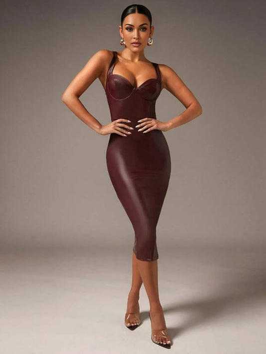 Solid PU Leather Bodycon Dress