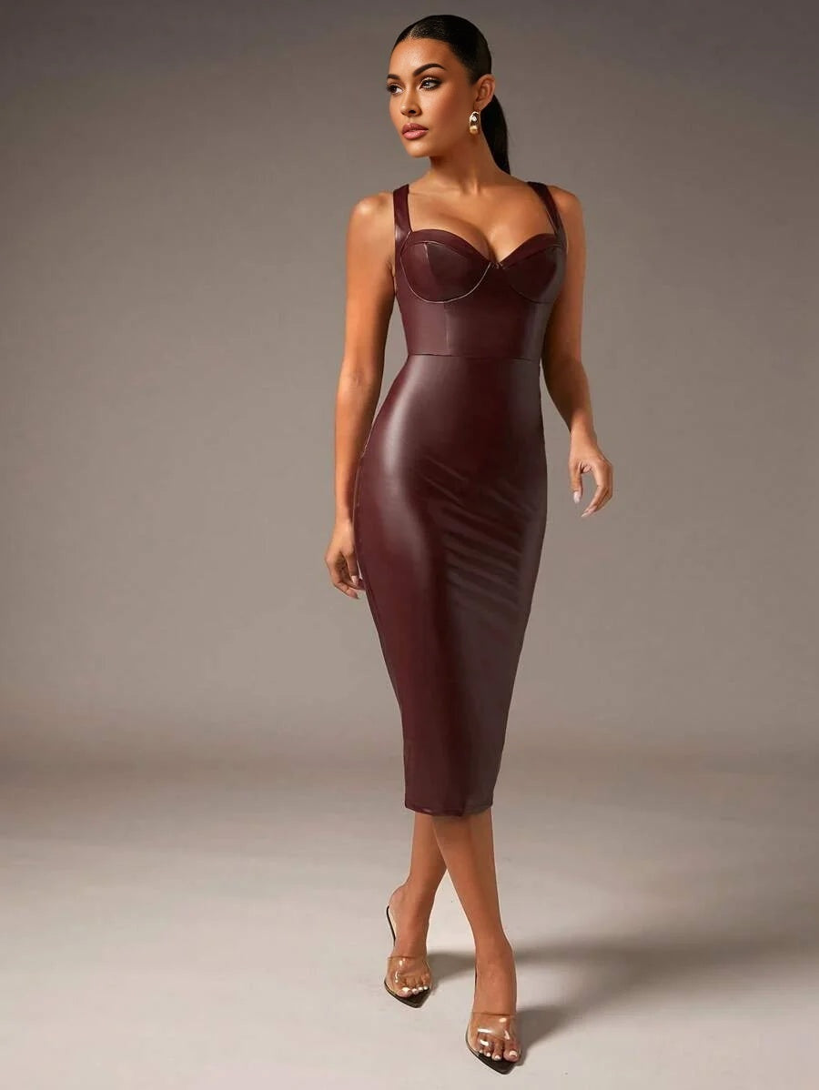 Solid PU Leather Bodycon Dress