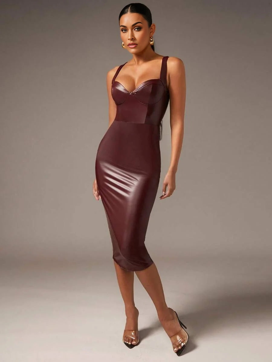 Solid PU Leather Bodycon Dress