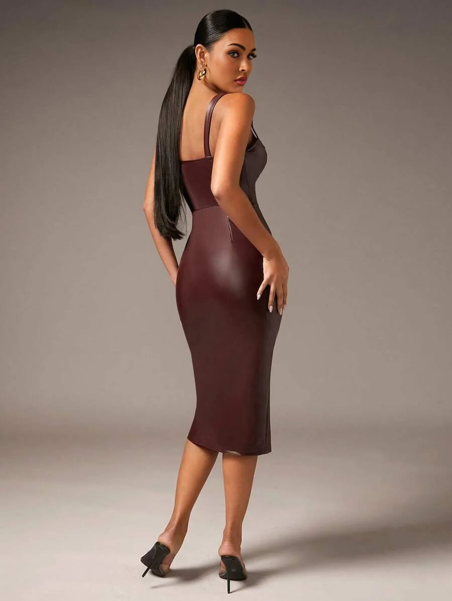 Solid PU Leather Bodycon Dress