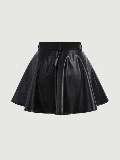 Solid PU Leather Skater Black Skirt