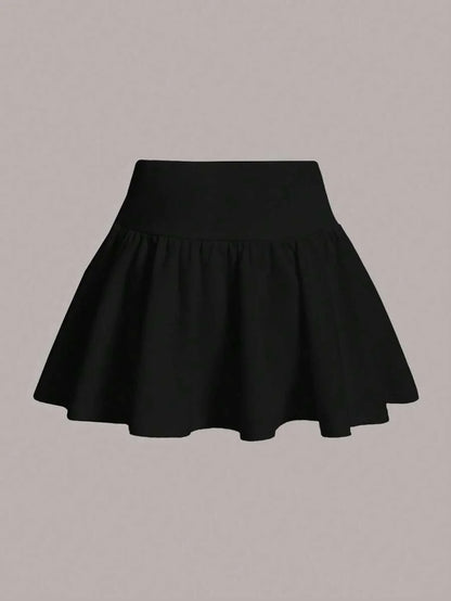 Solid Wide Waistband Ruffle Hem Black Mini Kirt
