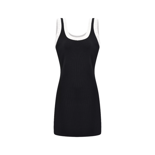 Black cotton blend dress with spaghetti straps panelled design color blocks and scoop neck  back Smooth sleeveless and knitted construction of 90% cotton  10% spandex