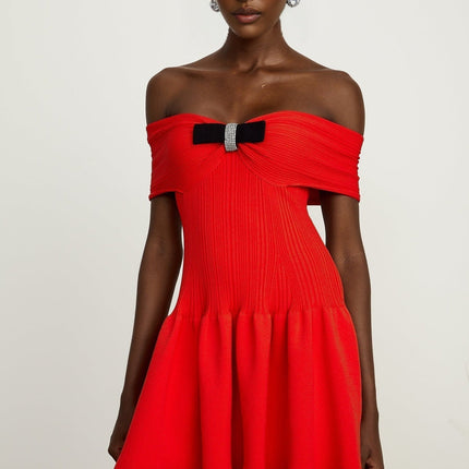 Sonia Red Knit Mini Dress with Bow Detail and Crystal Embellishments