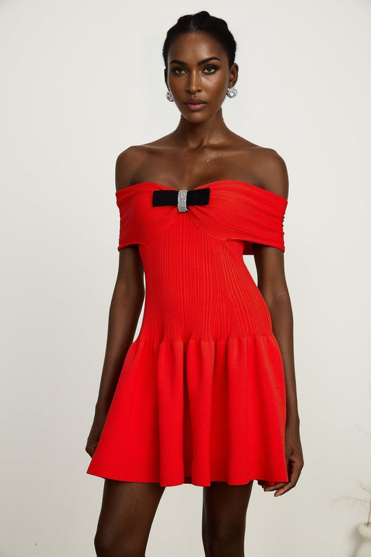 Sonia Red Knit Mini Dress with Bow Detail and Crystal Embellishments