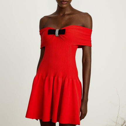 Sonia Red Mini Dress with Bow Detail and Crystal Embellishments