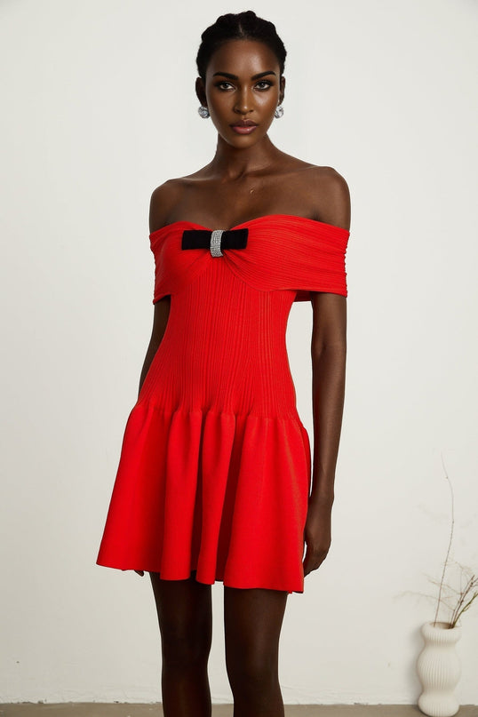 Sonia Red Mini Dress with Bow Detail and Crystal Embellishments
