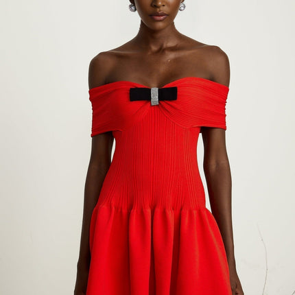 Sonia Red Ribbed Knit Mini Dress with Bow Detail and Crystal Embellishments