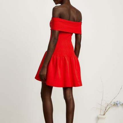 Sonia Red Ribbed Knit Mini Dress with Bow Detail and Crystal Embellishments