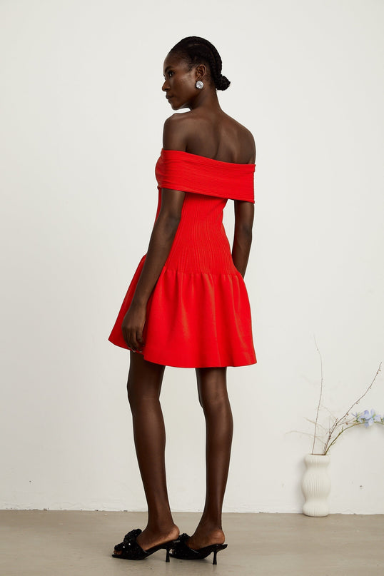 Sonia Red Ribbed Knit Mini Dress with Bow Detail and Crystal Embellishments