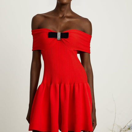 Sonia Red Ribbed Knit Mini Dress with Bow Detail and Crystal Embellishments