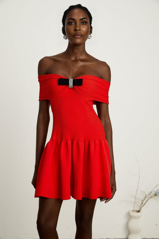 Sonia Red Ribbed Knit Mini Dress with Bow Detail and Crystal Embellishments