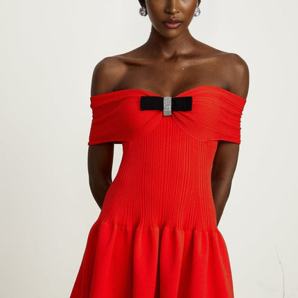 Sonia Red Ribbed Knit Mini Dress with Bow Detail and Crystal Embellishments
