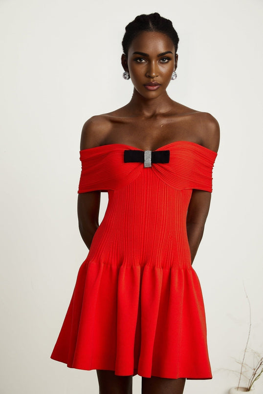 Sonia Red Ribbed Knit Mini Dress with Bow Detail and Crystal Embellishments
