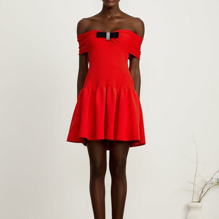 Sonia Red Ribbed Knit Mini Dress with Bow Detail and Crystal Embellishments
