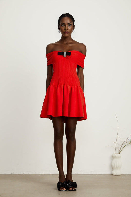 Sonia Red Ribbed Knit Mini Dress with Bow Detail and Crystal Embellishments