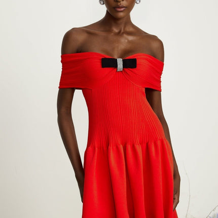 Sonia Red Ribbed Knit Mini Dress with Bow Detail and Crystal Embellishments