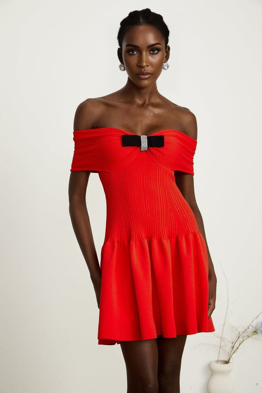 Sonia Red Ribbed Knit Mini Dress with Bow Detail and Crystal Embellishments