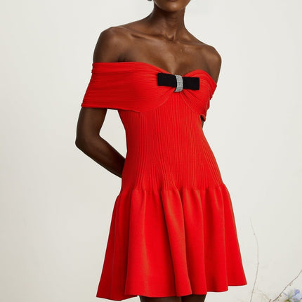 Sonia Red Ribbed Knit Mini Dress with Bow Detail and Crystal Embellishments