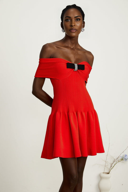 Sonia Red Ribbed Knit Mini Dress with Bow Detail and Crystal Embellishments