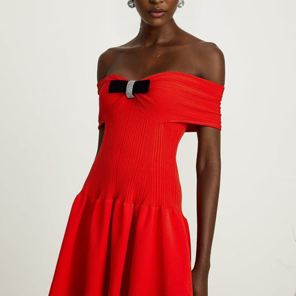 Sonia Red Ribbed Knit Mini Dress with Bow Detail and Crystal Embellishments