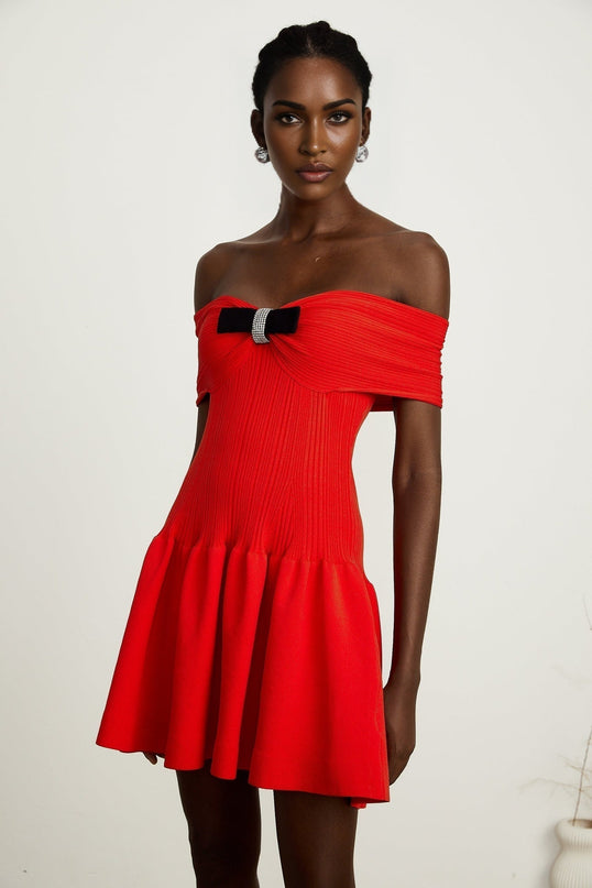 Sonia Red Ribbed Knit Mini Dress with Bow Detail and Crystal Embellishments