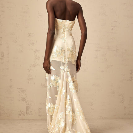 Sophia Apricot Floral Embroidered Off-shoulder Gown