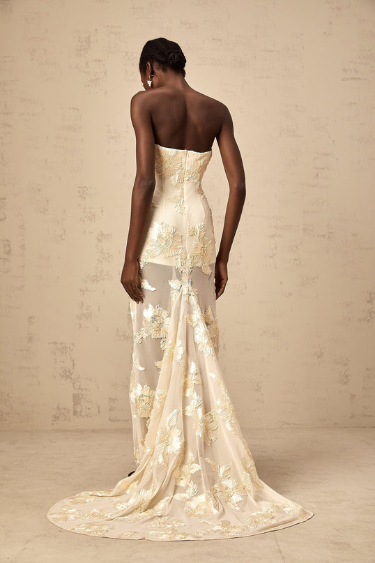 Sophia Apricot Floral Embroidered Off-shoulder Gown