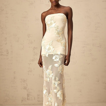 Sophia Apricot Floral Embroidered Off-shoulder Gown