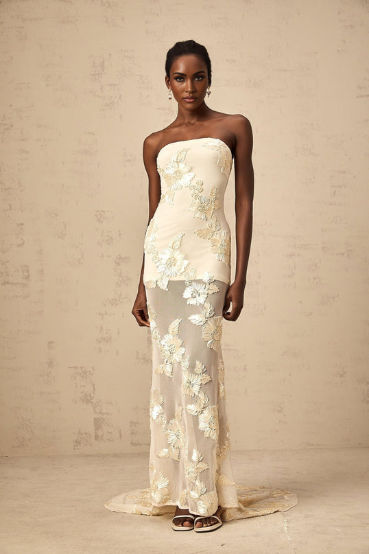 Sophia Apricot Floral Embroidered Off-shoulder Gown