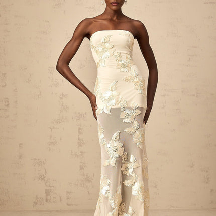 Sophia Apricot Off-shoulder Floral Embroidered Gown