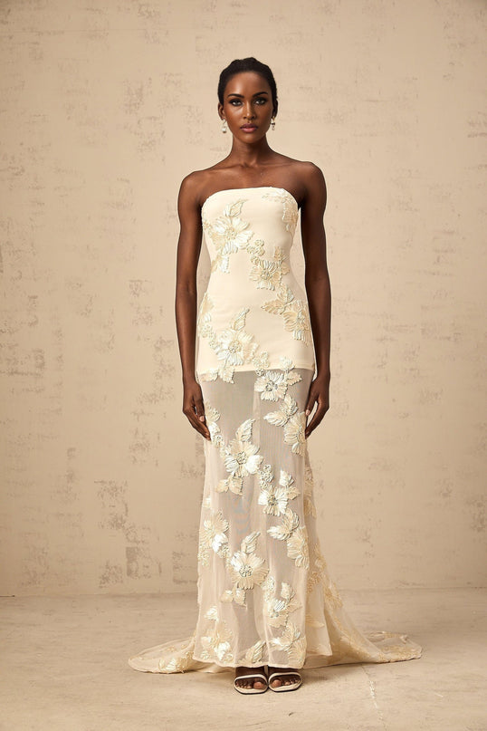 Sophia Apricot Off-shoulder Gown with Floral Embroidery