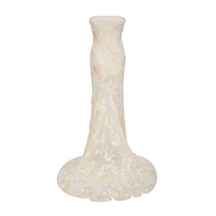 Sophia Apricot Off-shoulder Gown Floral Embroidery Sleeveless Fitted Silhouette Dramatic Train Semi-sheer Partial Lining Maxi-length Luxurious Blend 95% Polyester 5% Spandex Special Occasions