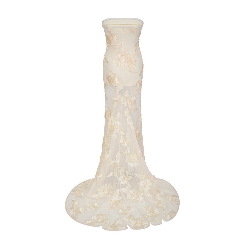 Sophia Apricot Off-shoulder Gown Floral Embroidery Sleeveless Fitted Silhouette Dramatic Train Semi-sheer Partial Lining Maxi-length Luxurious Blend 95% Polyester 5% Spandex Special Occasions
