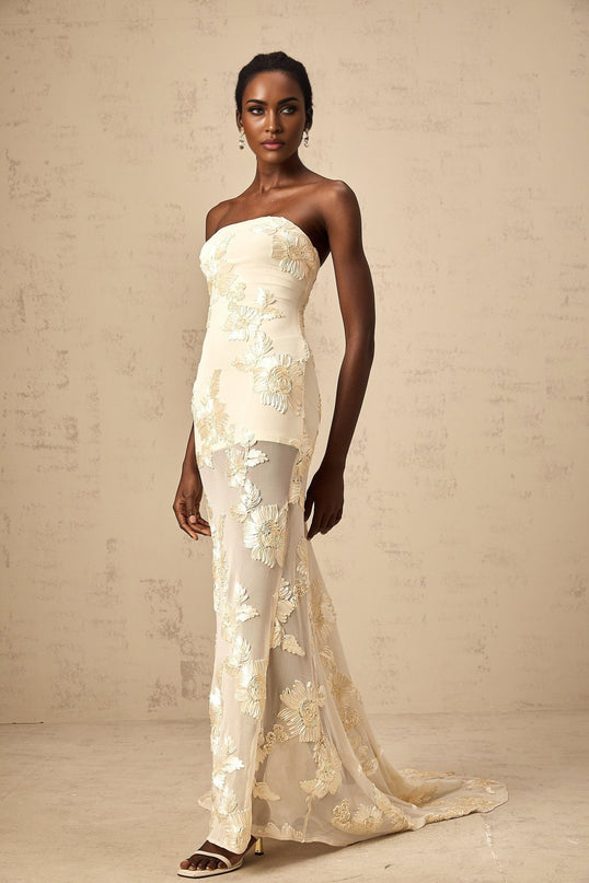Sophia Apricot Off-shoulder Gown with Floral Embroidery