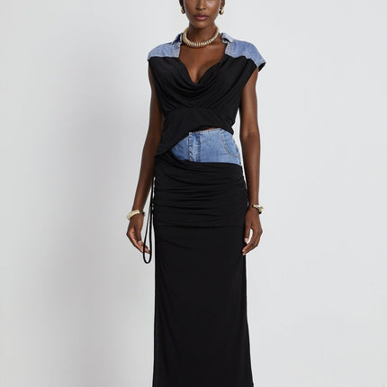 Sophia Blue & Black Draped Panelled Sleeveless Top And Ankle-length Skirt Set