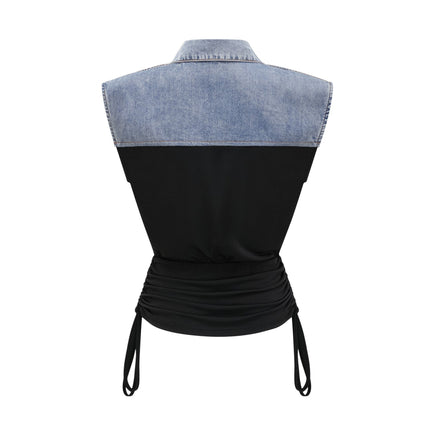 Sophia Blue & Black Draped Panelled Sleeveless Top And Ankle-length Skirt Set