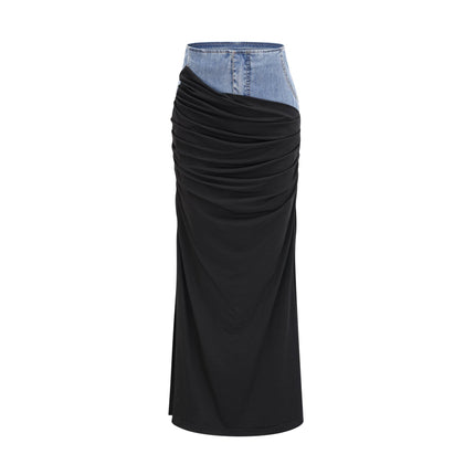 Sophia Blue & Black Draped Panelled Sleeveless Top And Ankle-length Skirt Set