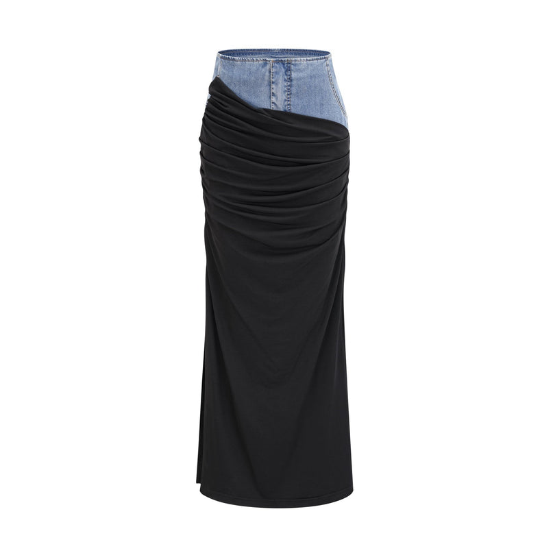 Sophia Blue & Black Draped Panelled Sleeveless Top And Ankle-length Skirt Set