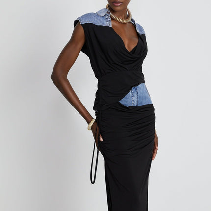 Sophia Blue & Black Draped Panelled Sleeveless Top And Ankle-length Skirt Set