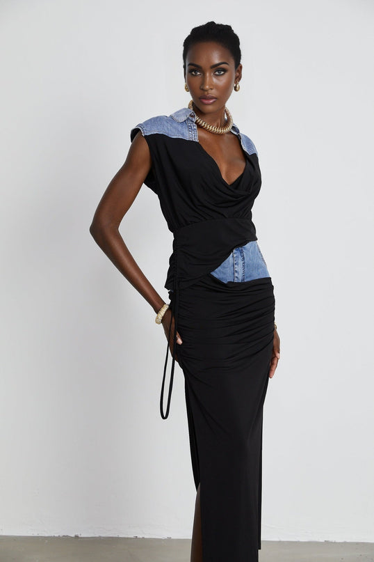 Sophia Blue & Black Draped Panelled Sleeveless Top And Ankle-length Skirt Set