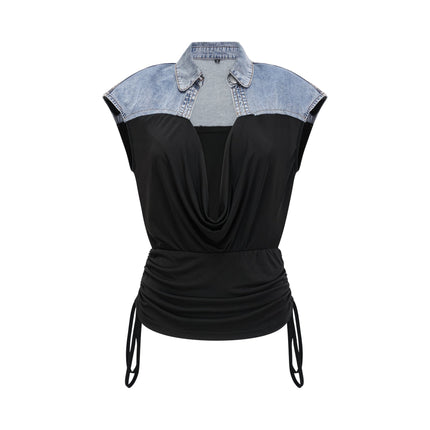 Sophia Blue & Black Draped Panelled Sleeveless Top And Ankle-length Skirt Set